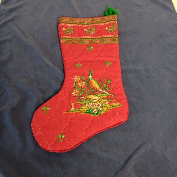Vintage Quilted Christmas Stocking Rabbits Pheasants Holly Bells Velvet Back - Picture 3 of 7